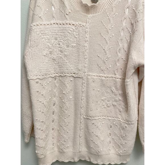 Vintage Napa Valley Womens Sweater Large White Beaded Patchwork Grannycore 80s - Picture 2 of 9
